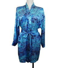 Victorias Secret Robe Blue Tile Print Satin Kimono Waist Tie Womens One Size