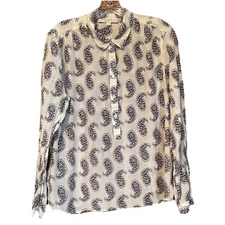 Loft Women's L Paisley Button Up Shirt Blouse Cotton & Silk Blend Flowy Breezy