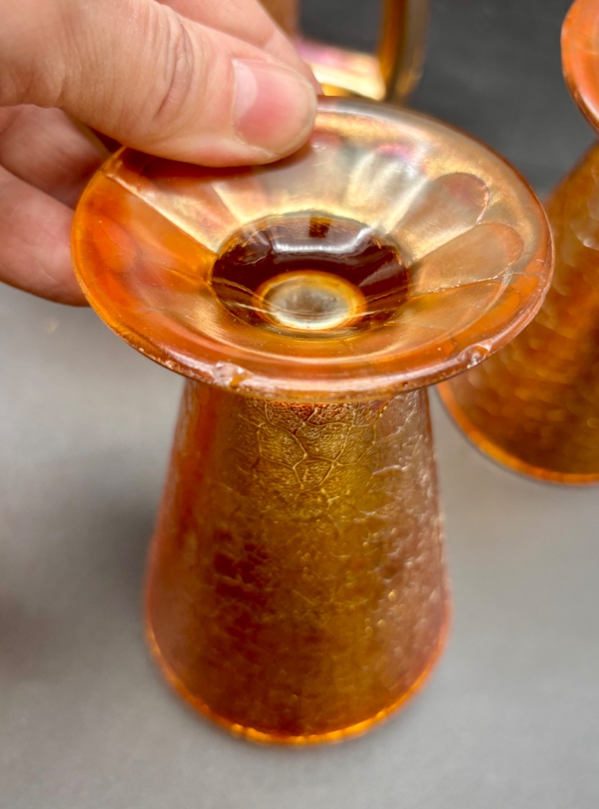 Jeanette Carnival Glass Pitcher and Four Tumblers Marigold