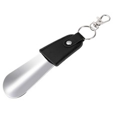Metal Shoe Horn, 4.7" Keychain Genuine Leather Sleeve Silver Black