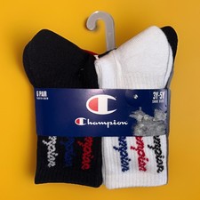 NEW 6 Pair CHAMPION Crew Socks Youth Unisex Shoe Sz 3Y-5Y Multicolor Script Logo