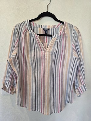 Chaps Lightweight Striped Blouse Sz S White Pink Blue 100% Cotton Quiet Luxury