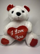 White Valentine Plush 9  Teddy Bear Holding A Red I Love You Heart Red Accent 
