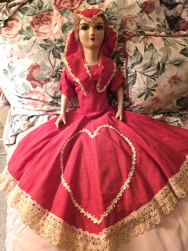 Antique Rare Boudoir Doll  24in Handmade Red Dress with Heart, Matching Hat L@@K