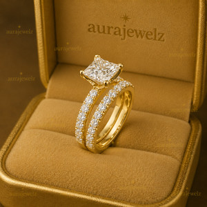 Authentic Bridal Band Ring 14k Yellow Gold Plated Princess Cut Pass Tester Moissanite Set