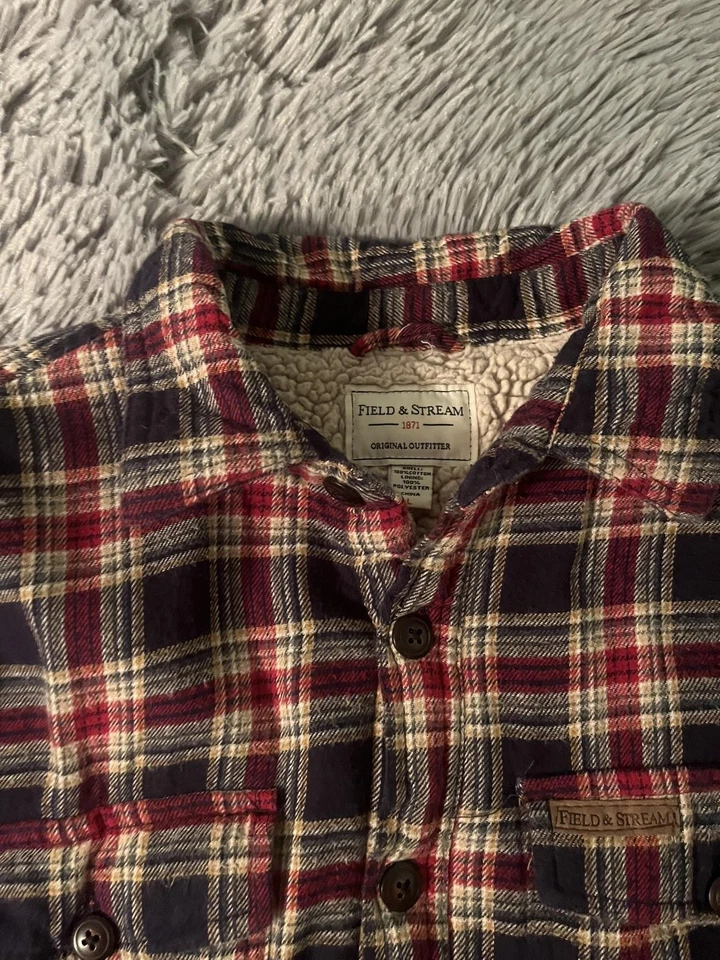 Chaqueta Field & Stream Para Hombre Grande Roja Azul Marino Cuadros Sherpa Forrada Franela Chamarra Foto 2 de 4