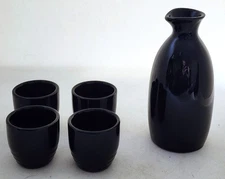 Sake Set-Bottle-4 Sake Cups-Solid Glossy Black-Set of 5
