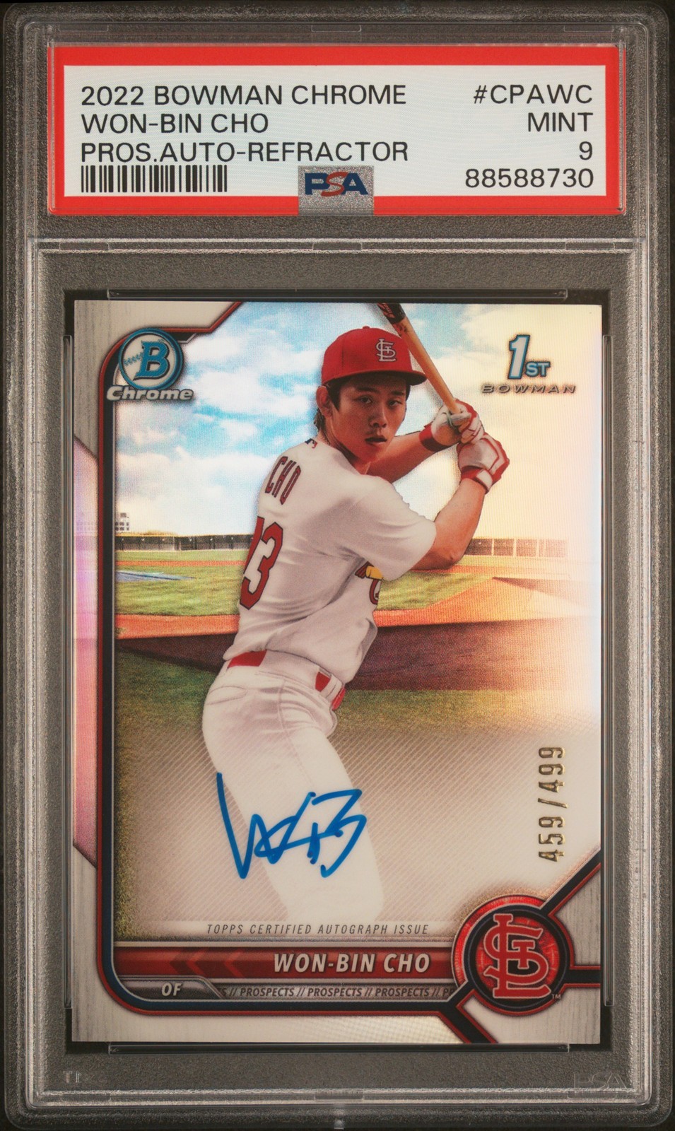 2022 BOWMAN CHROME PRSPCT AUTOS REFRACTOR #CPAWC WON-BIN CHO 459/499 PSA 9 AUTO