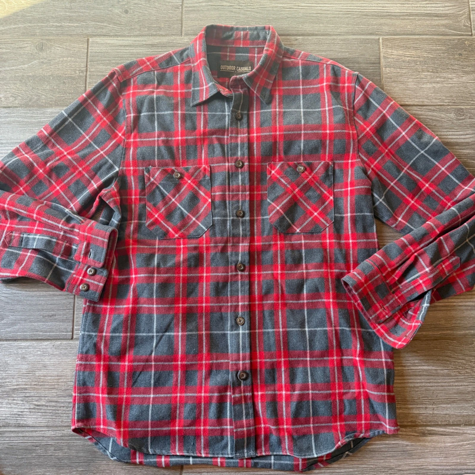 Outdoor Casuals Mens Plaid Flannel Long Sleeve Button Up Shirt Red Gray Size L
