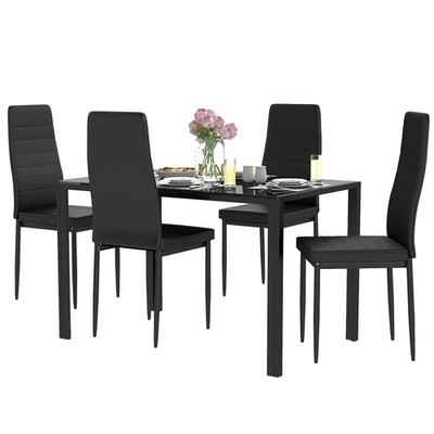 Dining Table Set for 4 | 5-Piece Glass Black Dining Table | Kitchen, Black-glass