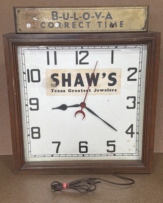 VTG BULOVA NY ST-5 Motor Clock 17  SHAW S Texas Jewelers Advertising NOT RUNNING