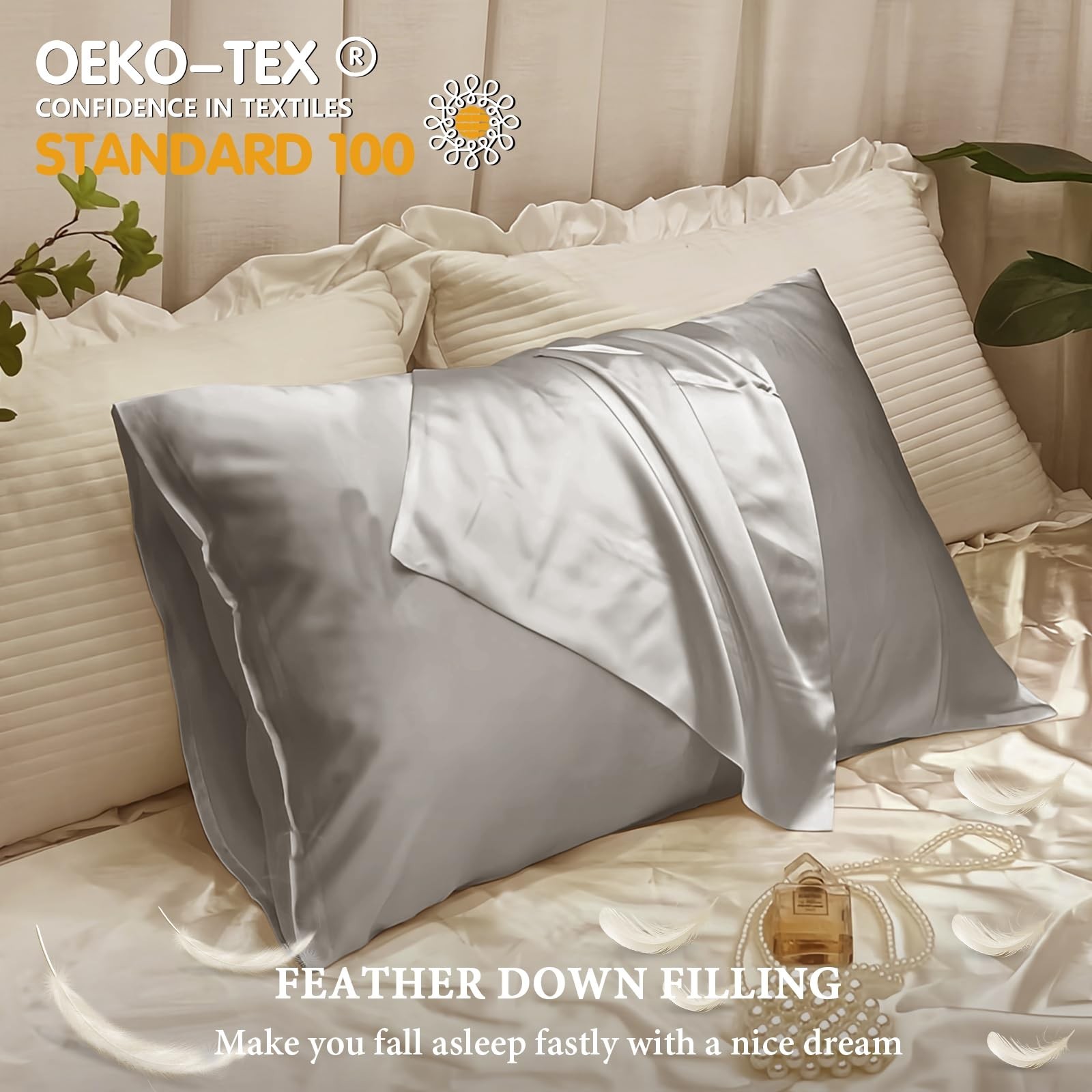 BHZ Grey Satin Goose Down Feather Pillows Queen Size with Satin Pillowcase fo...