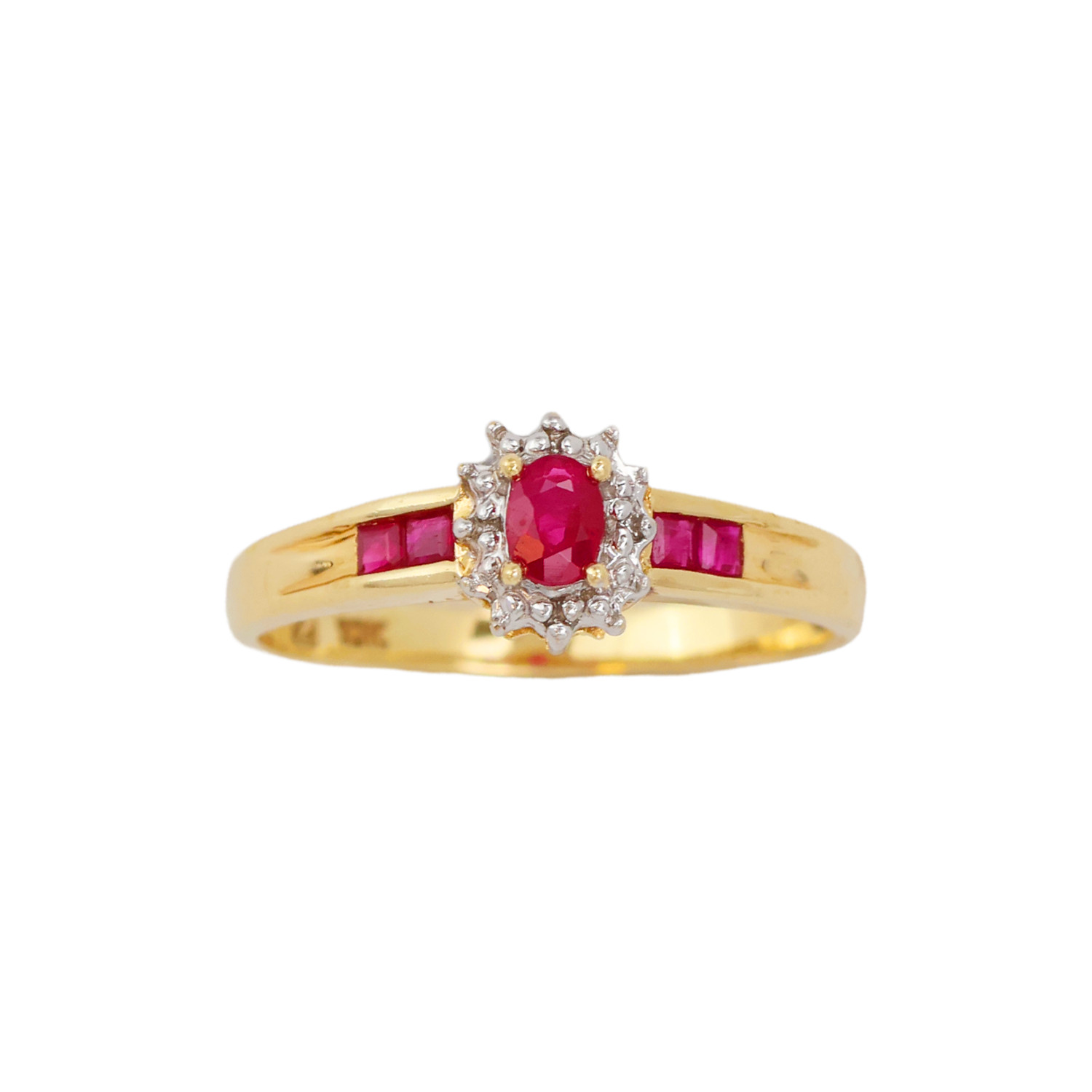 10k Yellow Gold Ruby Halo Ring Oval Ruby Channel … - image 1