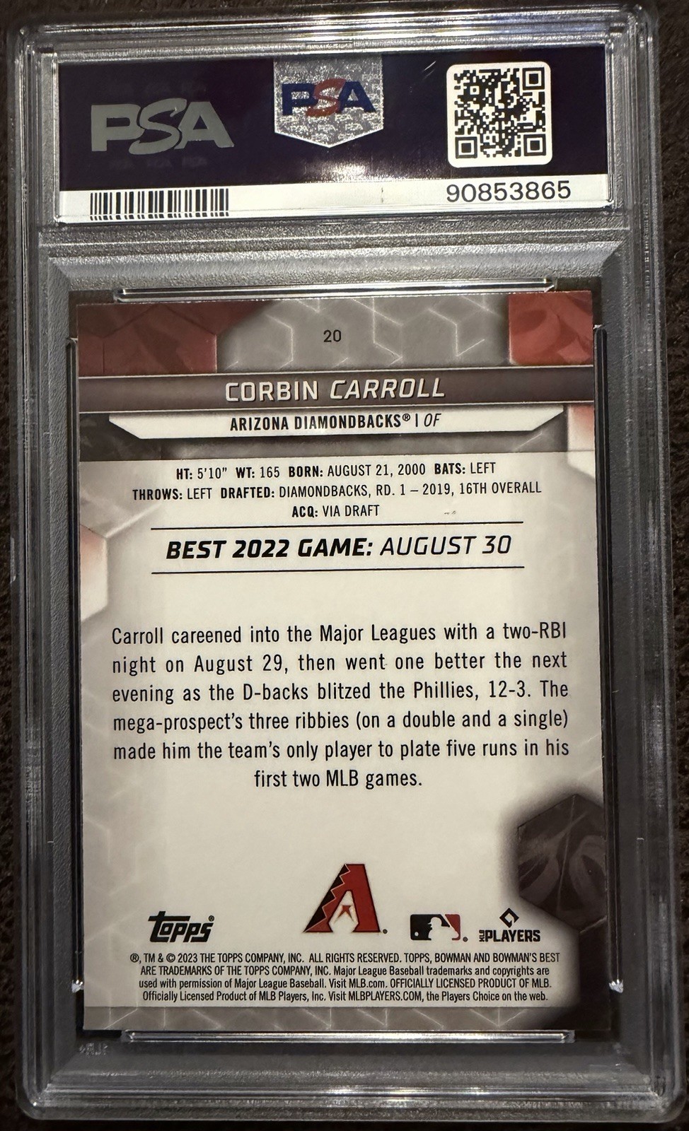 2023 Bowman’s Best Corbin Carroll Wave Rookie RC #20 PSA 10 GEM MINT view 2