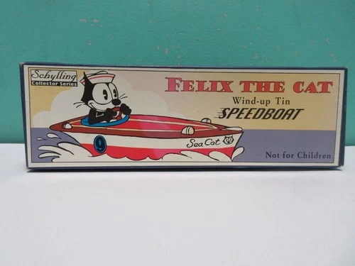 Schylling Vintage 1996 Felix The Cat Wind Up Tin Toy Speedboat New in Box Works