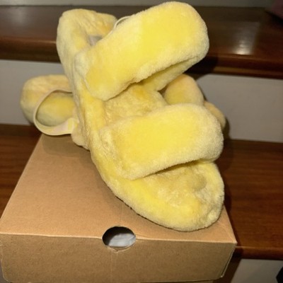 UGG Oh Yeah Fluff Slide Slippers Yellow Sheepskin Double Strap US 9 Eu 40