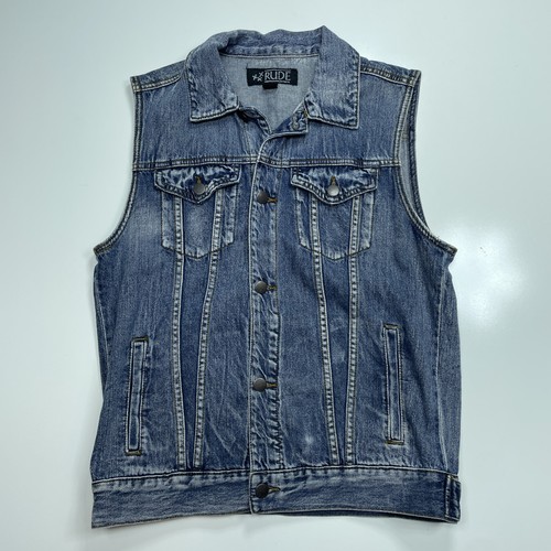 XXX RUDE Denim Vest Jean Jacket Men's S Trucker Biker Punk Grunge 100% Cotton