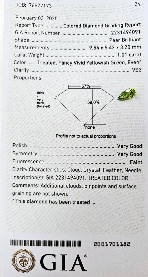1.01 ct Fancy Vivid Yellowish Green VS2 GIA Certified Natural Loose Diamond Pear - Image 4 of 4
