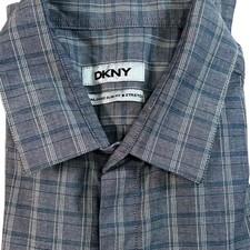 DKNY Mens Tailored Slim Fit Stretch Shirt Plaid Blue 15.5 34/35 Preppy Office