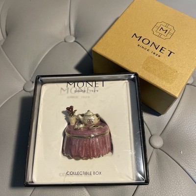 Miniature Monet TEA FOR TWO Table Set Enamel Trinket/Pill Box