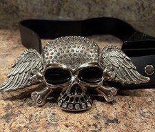 Winged Skull Crossbones Belt Buckle Silver Tone Rhinestones Pirate Unisex Bling