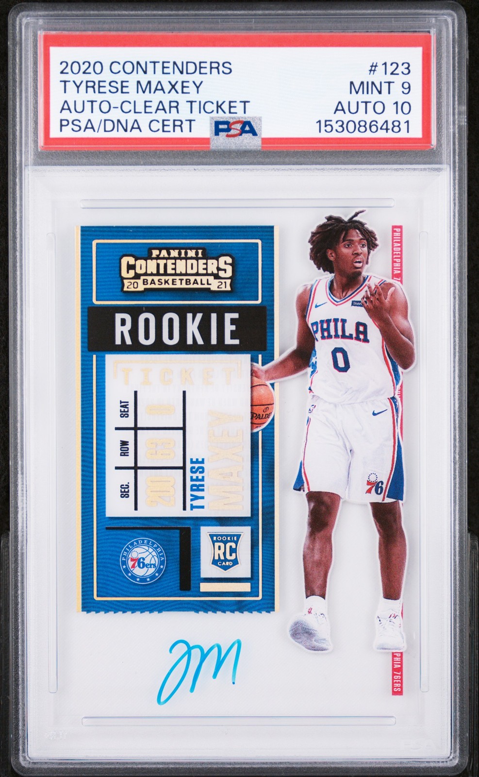 2020 CONTENDERS AUTO-CLEAR TICKET #123 TYRESE MAXEY PSA 9 AUTO 10