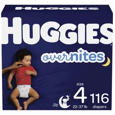 116 Ct Overnight Diapers Size 4 (22-37 lbs), Huggies Overnites Nighttime Baby