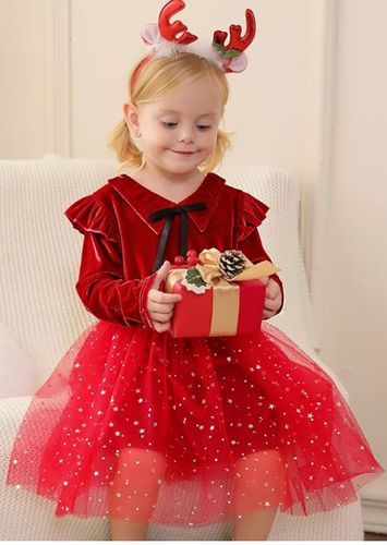 Toddler Girls Dress Tulle Tutu Velvet Tie Collar Button Ruffle L/S Stars Sz 2T - Picture 3 of 5