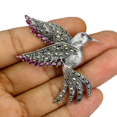 925 Sterling Silver Brooch Rhodolite Ruby Marcasite Natural Gemstone Jewelry