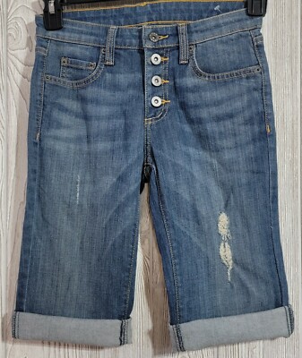 New Carmar Stretch Denim Mid-Rise Bermuda Jean Shorts Raw Hem 26 Distressed Sz 2