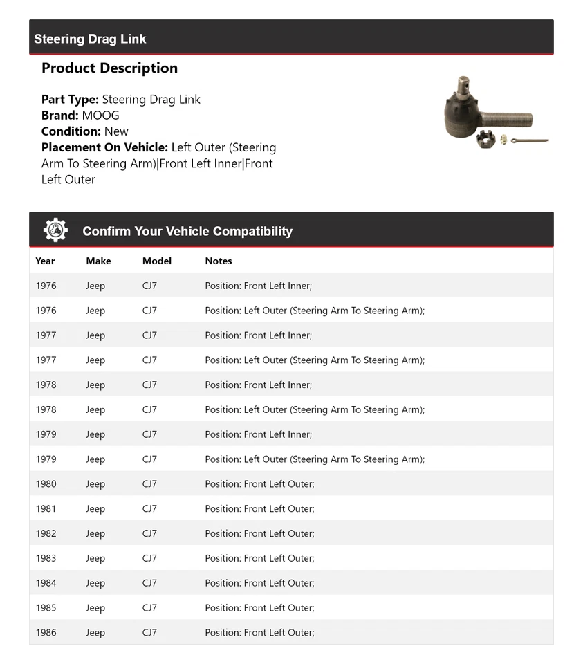 Para 1976-1986 Jeep CJ7 Steering Drag Link MOOG 1976 1977 1978 1979 1980 1981 - Imagem 2 de 4