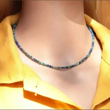 Natural Azurite Tiny 2mm Beaded Choker Dainty Minimalist Women Crystal Necklace