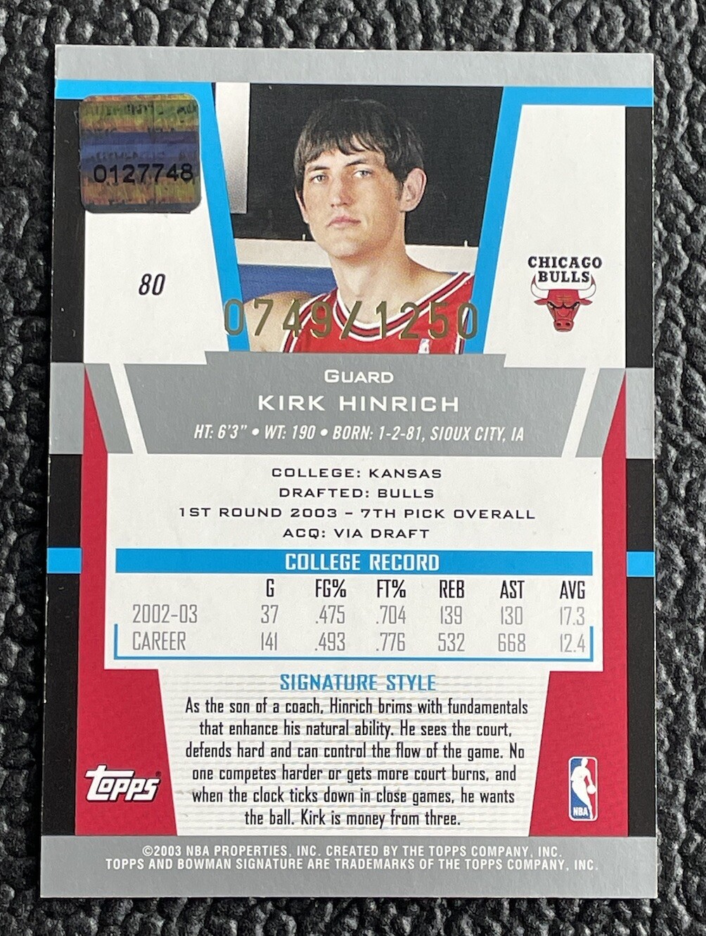 🔥KIRK HINRICH 2003 BOWMAN SIG USED NBA LOGOMAN ROOKIE PATCH AUTOGRAPH /1250!🔥 view 2