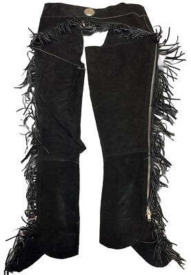 Unbranded Suede Leather Fringed Chaps BLACK Size Adult Large Halloween Cowboy
