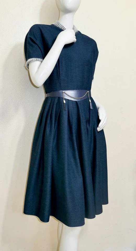 Vestido De Día Vintage Años 50 60 Falda Completa Rockabilly Angora Borde Azul Marino Mod S Foto 2 de 4
