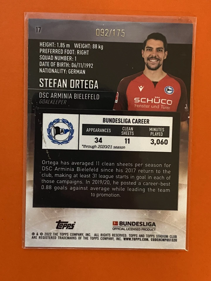 2021-22 Stadium Club Chrome #17 Stefan Ortega Aqua/Green /175 DSC Arminia - Image 2 of 2