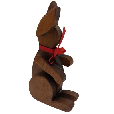 Handmade Wooden Easter Bunny Rabbit solid wood brown 10'' standing red ribbon