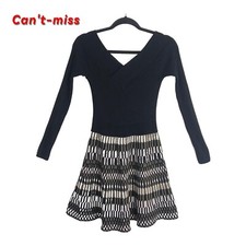 Candie's Women's Sweater Dress Size M Black Geometric Skirt Long Sleeve