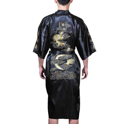 Men Satin Chinese Dragon Kimono-Silk Bathrobe Pajamas Sleepwear Gown Bath Robe - Imagen 31 de 52
