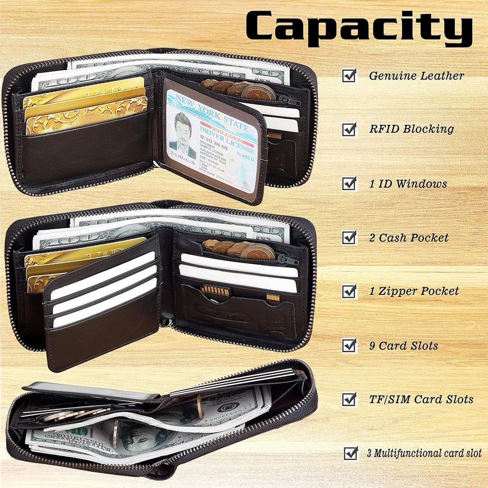 Mens RFID Blocking Wallets Zipper Leather Wallet for Men Bifold RFID Card Holder - Image 4 of 4