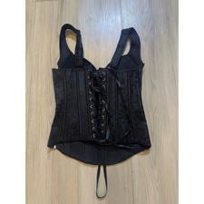 Black Brocade Corset Top Overbust Bustier Vest Wide Straps Lace Up Gothic Punk S
