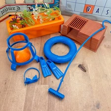 Vtg Barbie Dream Pool Accessories,  Flower Box Life Ring Goggles Flippers Grill
