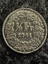 1941 B Switzerland 1/2 Franc GREAT 83.5% SILVER COIN! LOW MINTAGE! KM# 23 (1)