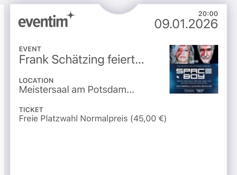Ticket Meistersaal Frank Schätzing 9.1.2026 „SpaceBoy“