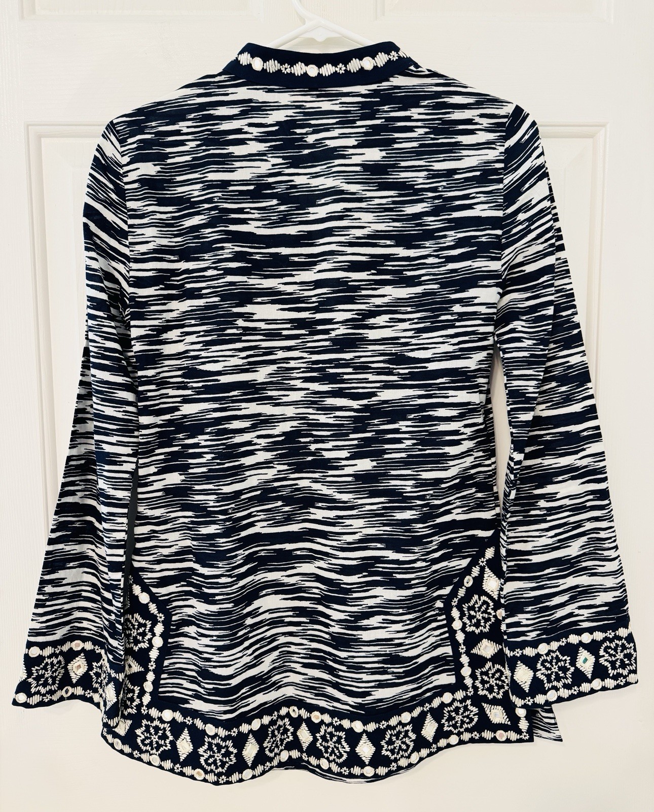 TORY BURCH Navy Space dye Long Sleeve Tunic Top Sz 2 Mirror Embellished Side Zip thumbnail 2