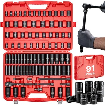VEVOR 1/2 in Drive Impact Socket Set 91 Pcs SAE 5/16 to 1-1/4 in Metric 8-32 mm