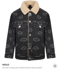 MOLO Boys Smiley Print Black Denim Jacket with Faux Shearling Collar And Lining