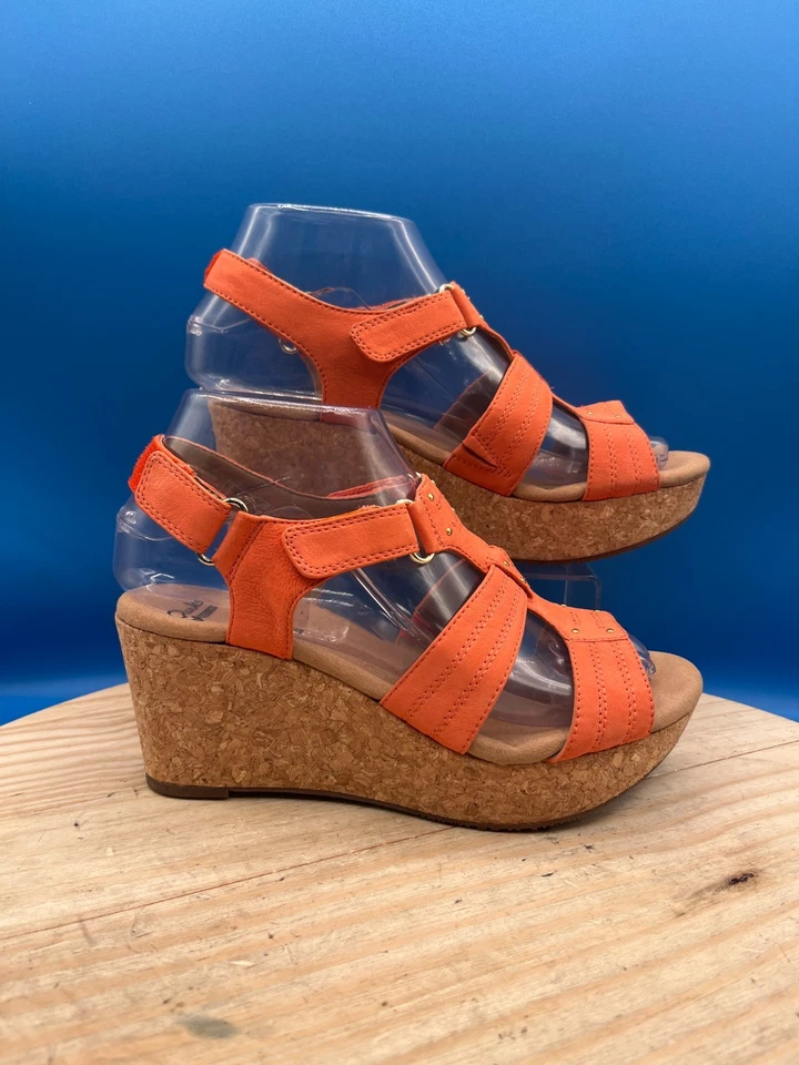 Clarks Collection Sandals Womens 6.5M Sling Back Orange Open Toe Wedge Heels - Image 2 of 4