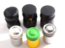 3 KODAK METAL 35MM FILM CANISTERS WITH LEATHER CANISTER HOLDERS