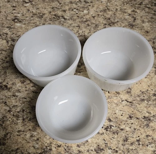 Vintage Fire King Anchor Hocking 3 White Milk Glass Custard Cup Bowl Ramekin